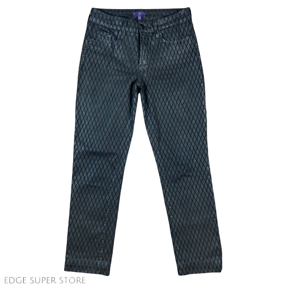 NYDJ Waxed Dark Black Green Glitter Diamond Print Skinny Leg Pants Jeans Size 0